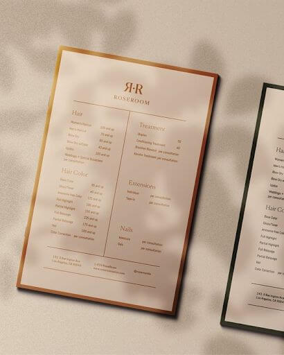 RoseRoom Salon Menu